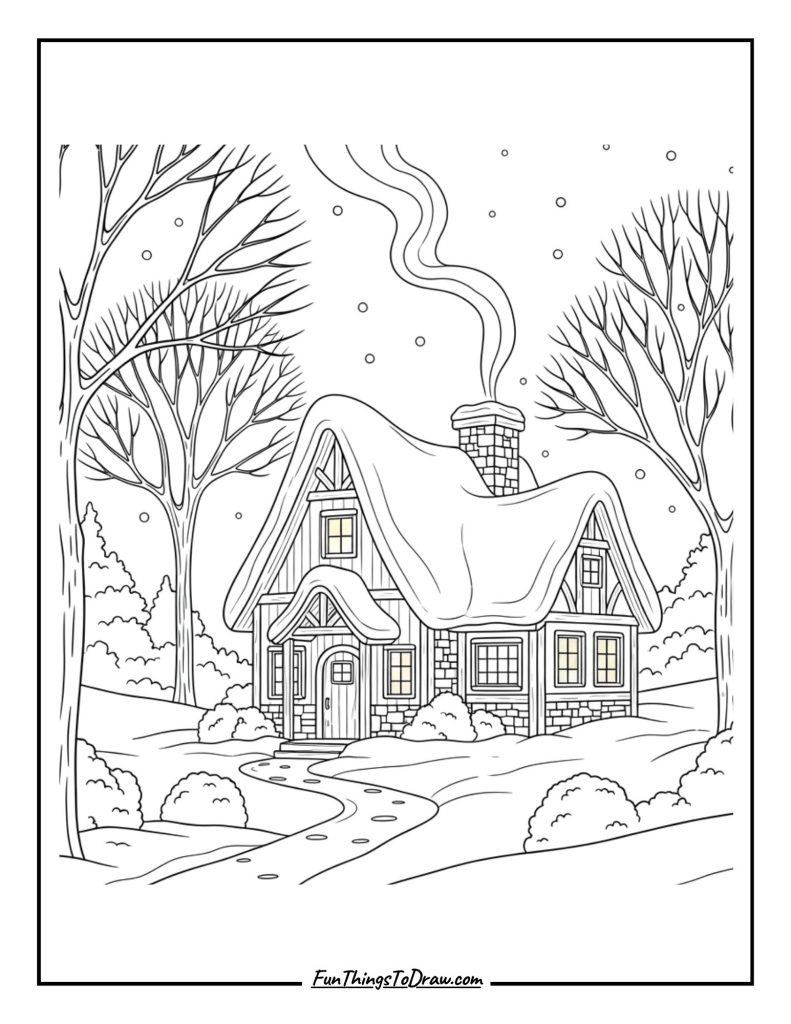Winter cottage with smoke from chimney
