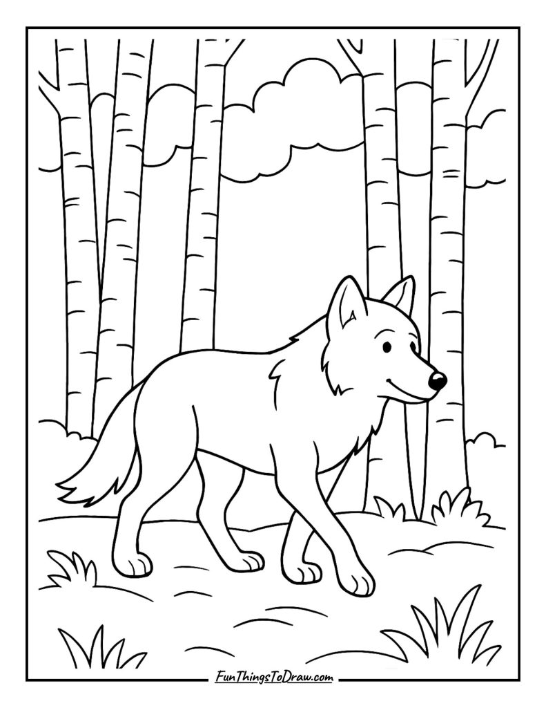 Wolf walking through a birch forest