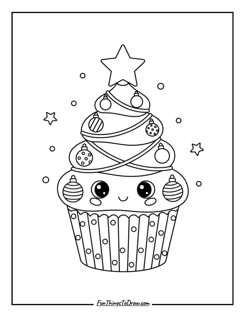 A cupcake shaped like a Christmas tree with ornaments