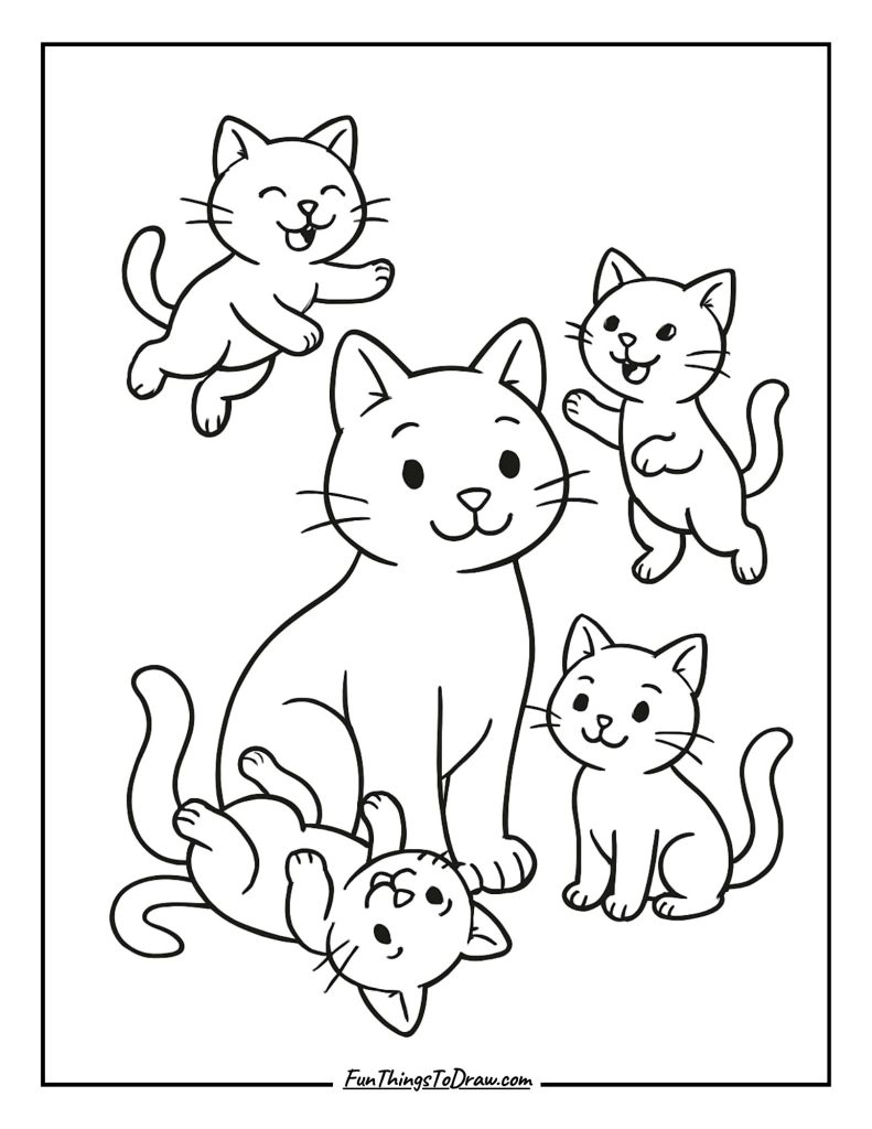  A mother cat surrounded by her playful little ones