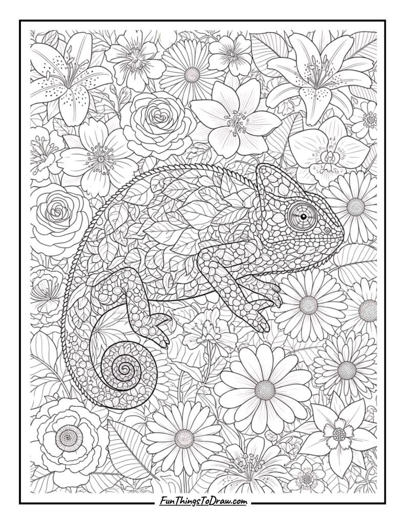 Chameleon camouflaged among rainbow flowers