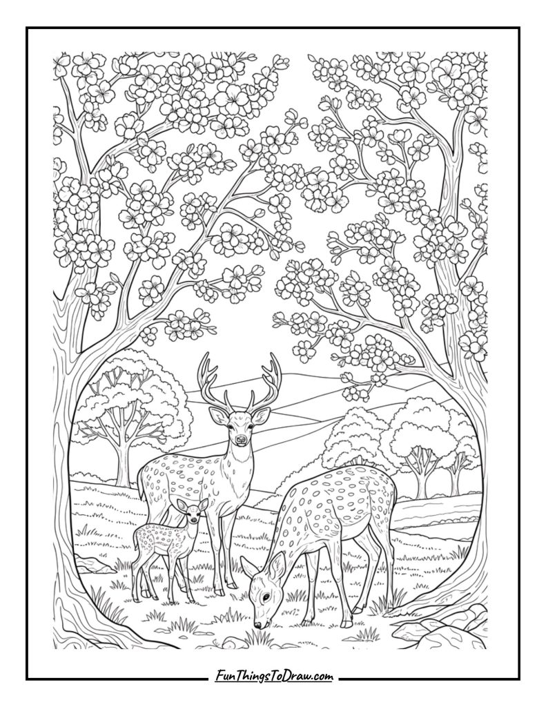 Deer wander beneath cherry blossom trees