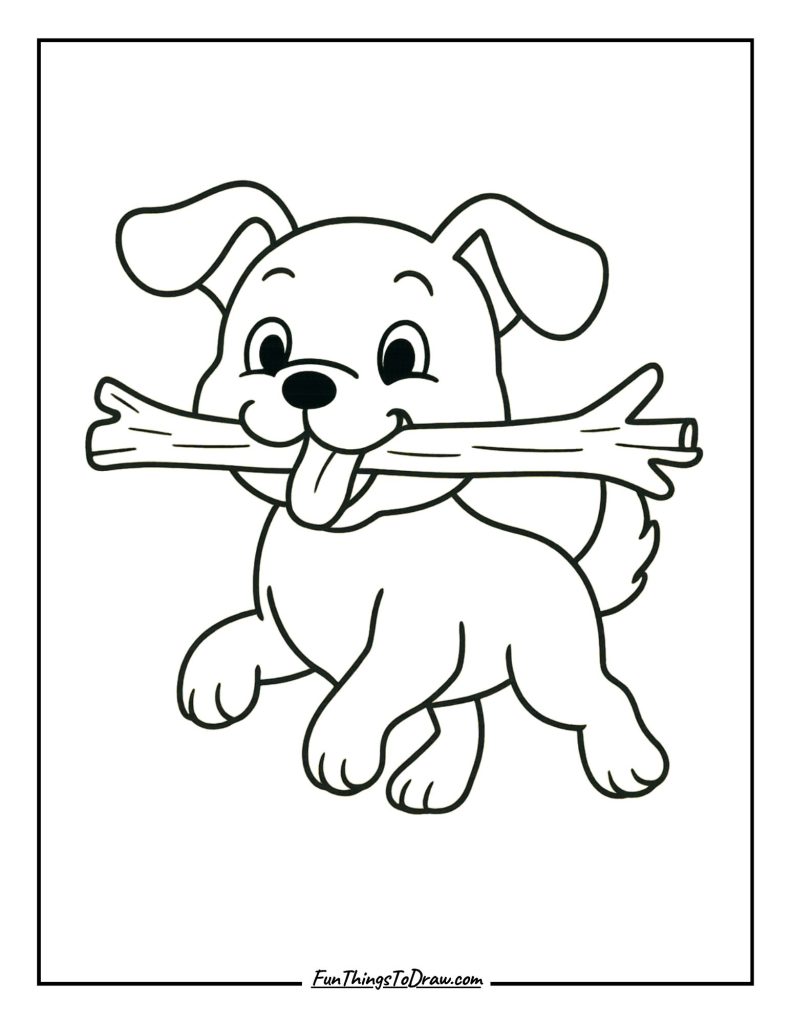 Excited puppy carrying a large stick in its mouth