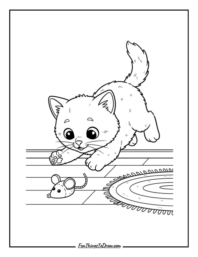Kitten pouncing on a toy mouse