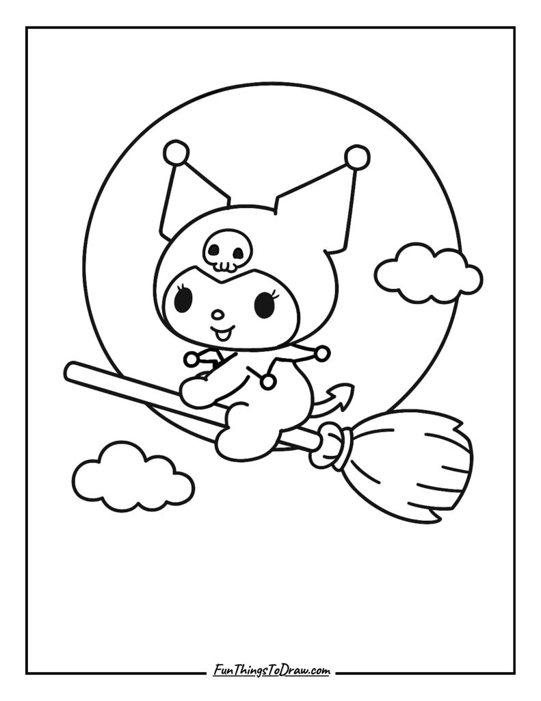Kuromi riding a flying broom across a full moon