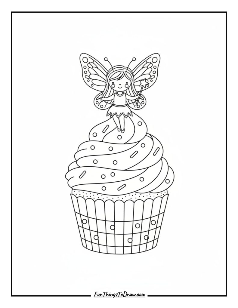 A fairy with wings sitting on frosting like a throne