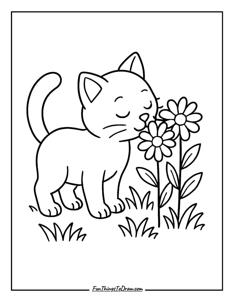 A gentle cat sniffing fresh flowers in the garden