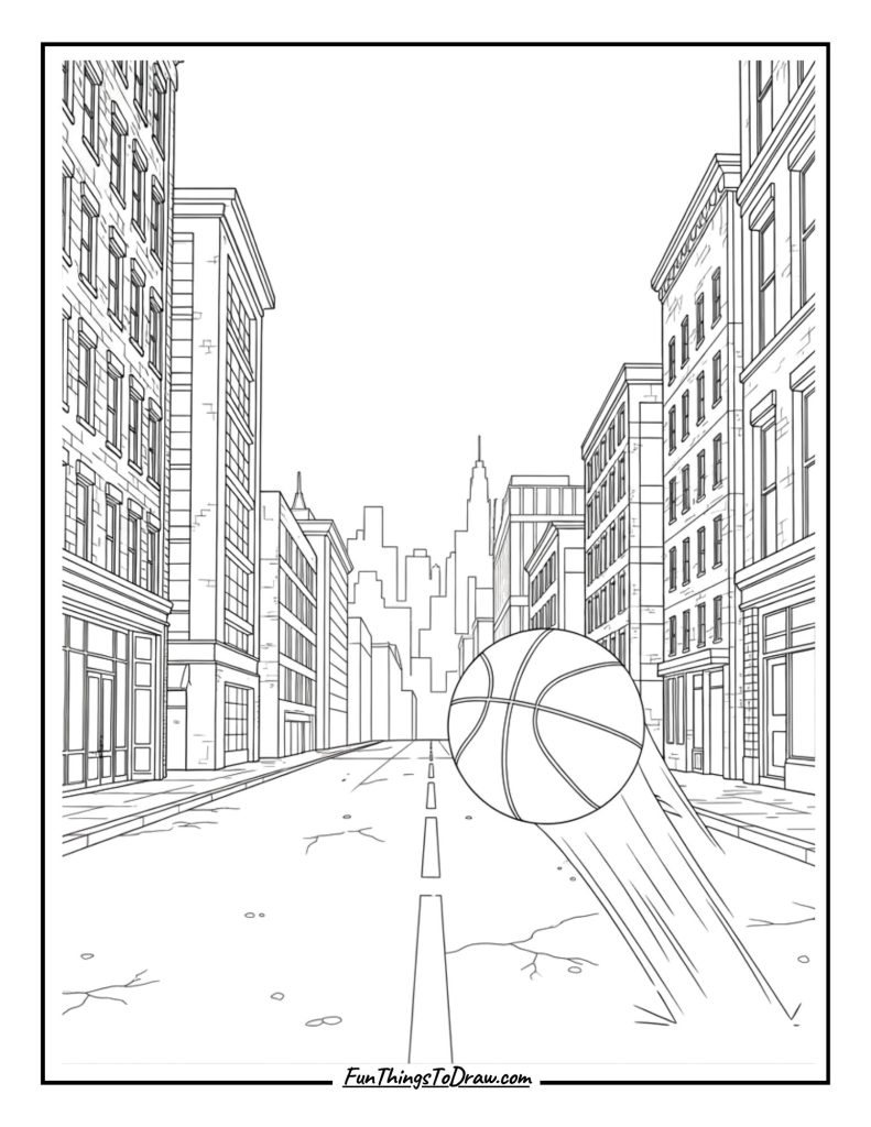 Basketball rolling down street