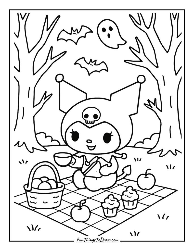 Kuromi having a picnic in a spooky forest