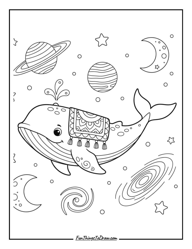 Whale wearing a decorative saddle in space