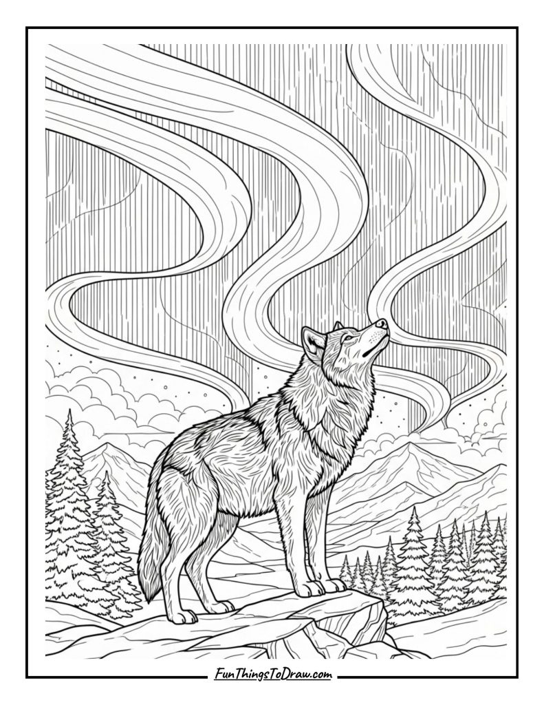 Wolf among northern lights (aurora borealis)