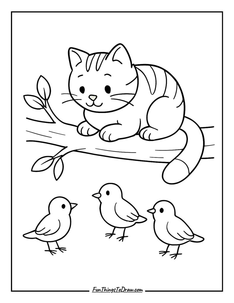 Cat sitting on a tree branch looking down at birds