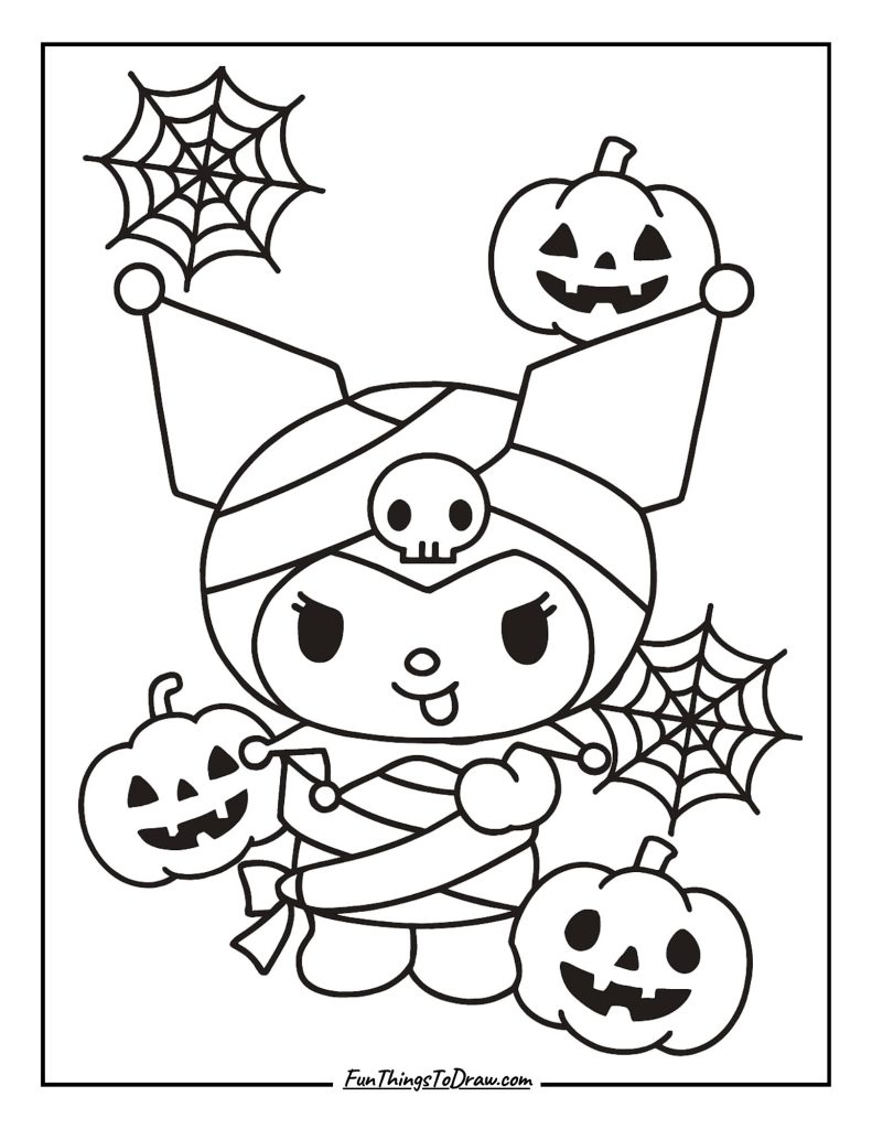 Kuromi wrapped in Halloween decorations (pumpkins, webs)