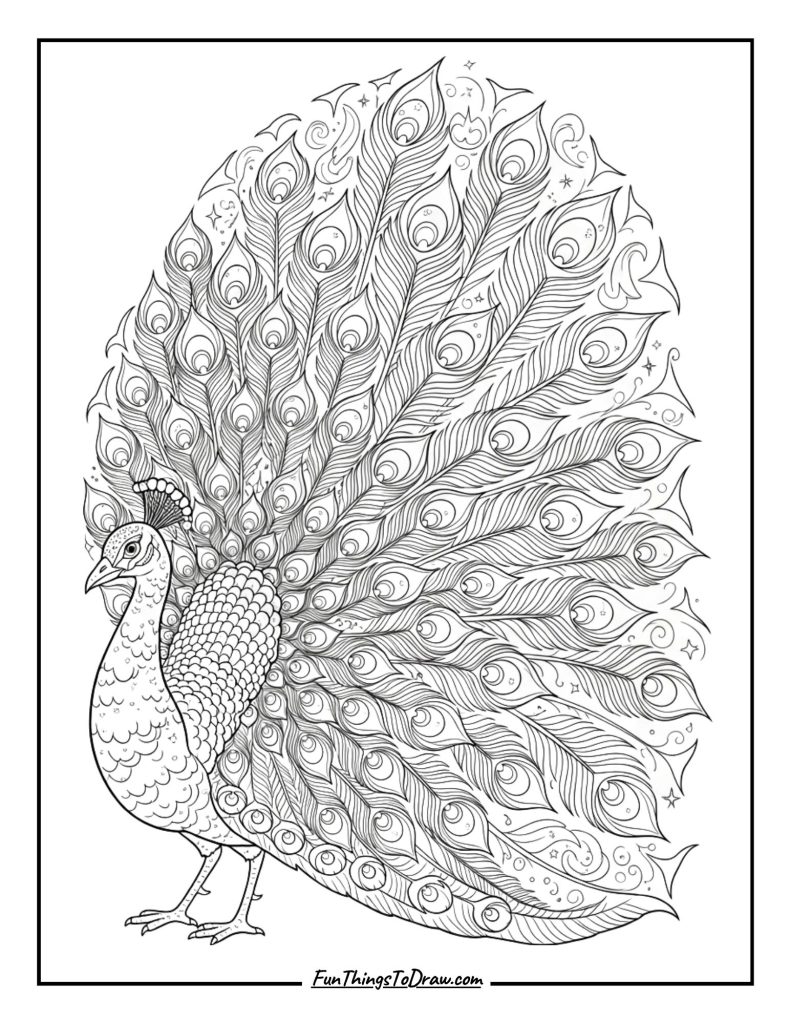 Peacock spreading tail with galaxy patterns