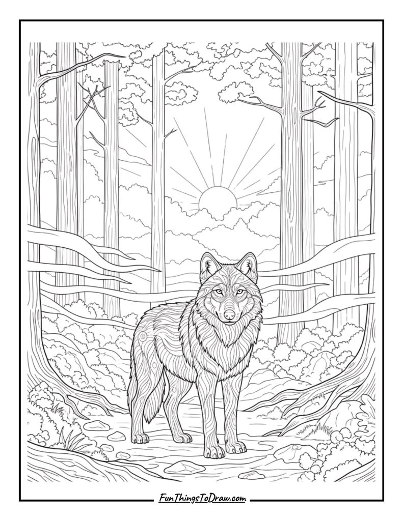 Wolf in a misty forest at dawn