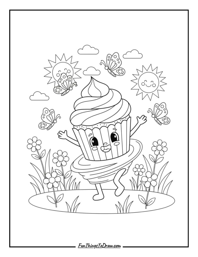 A cupcake dancing with butterflies in a sunny garden