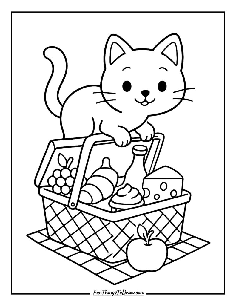 Adventurous cat exploring a picnic basket full of treats
