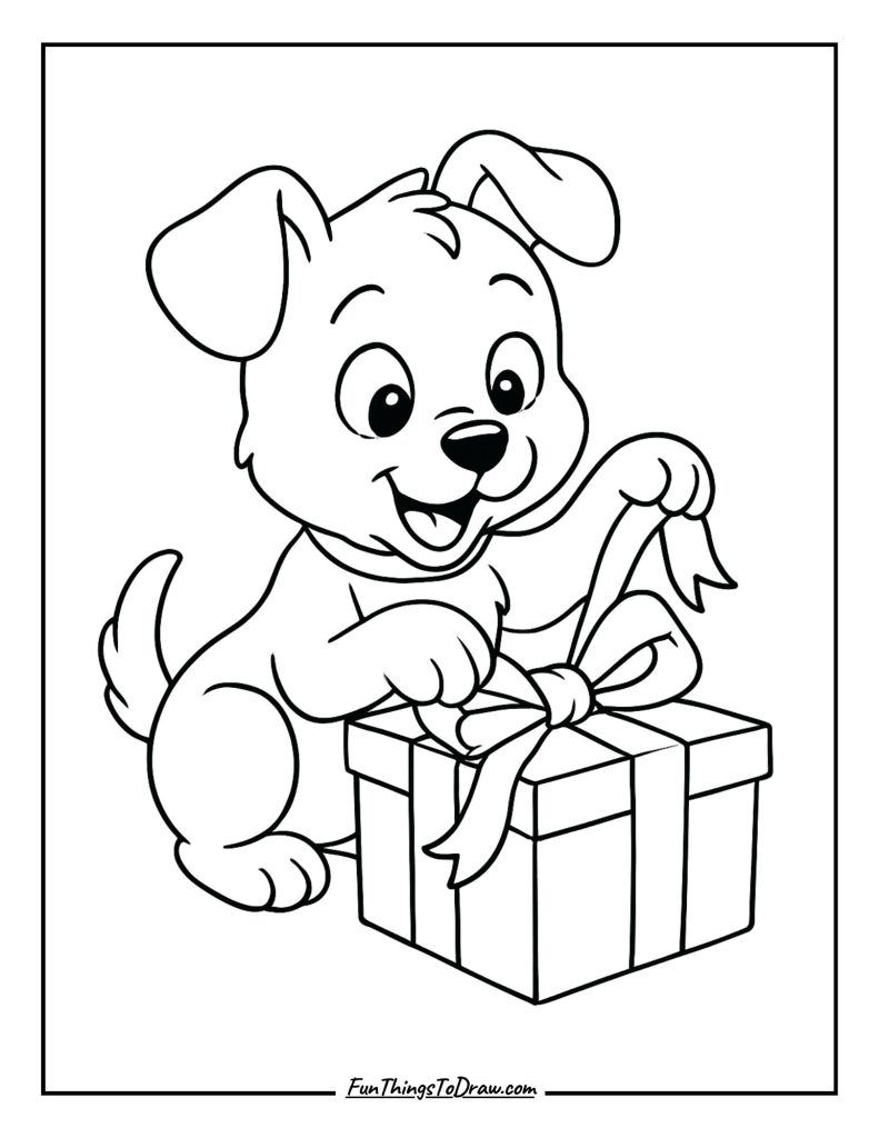 Curious pup excitedly unwrapping a gift box