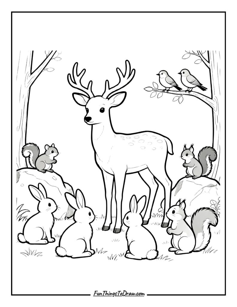 Forest animals gather around a wise deer