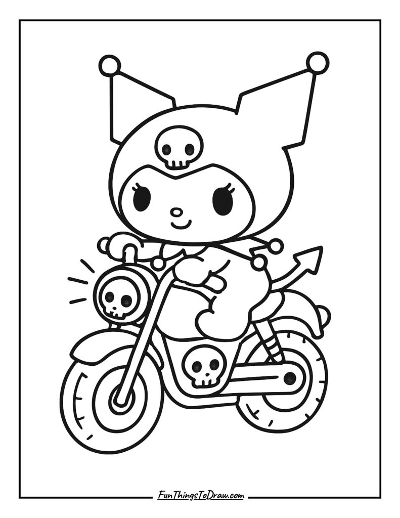 Kuromi riding a motorbike with skull decorations