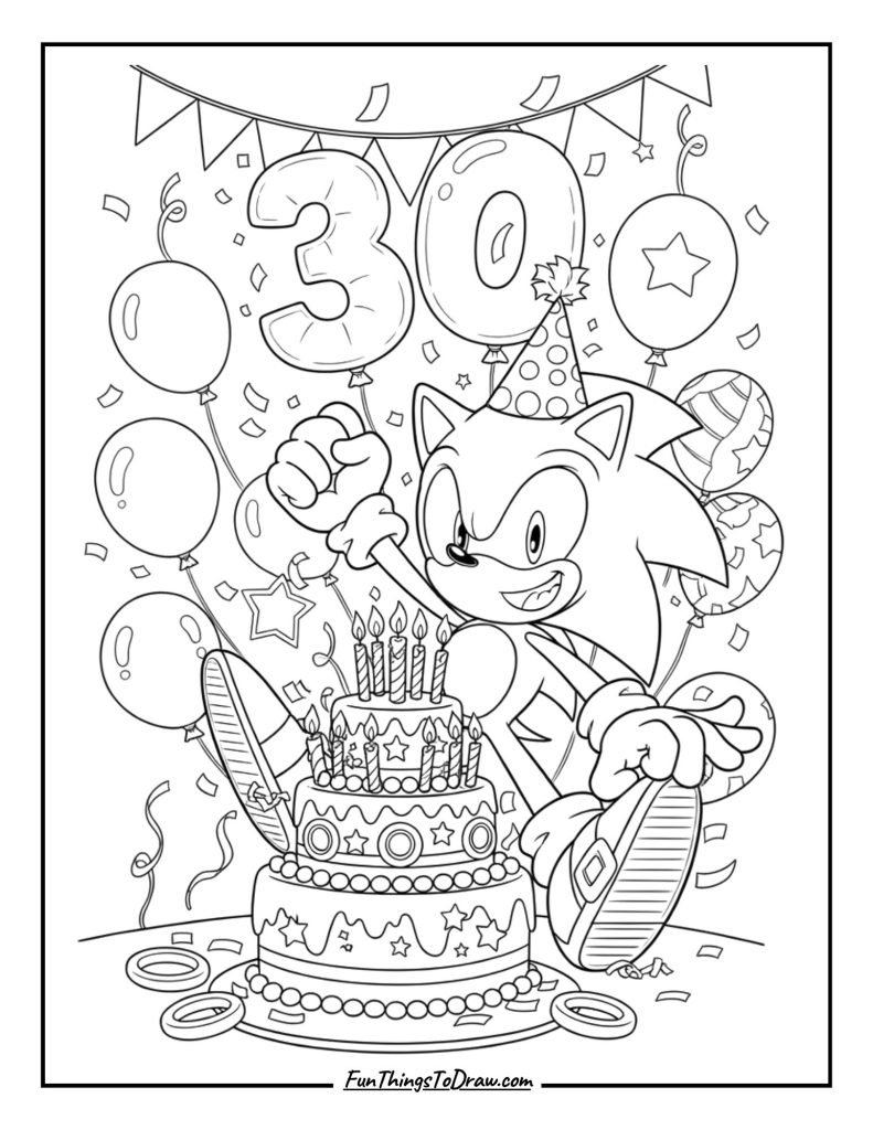 Sonic celebrating his birthday with cake and balloons