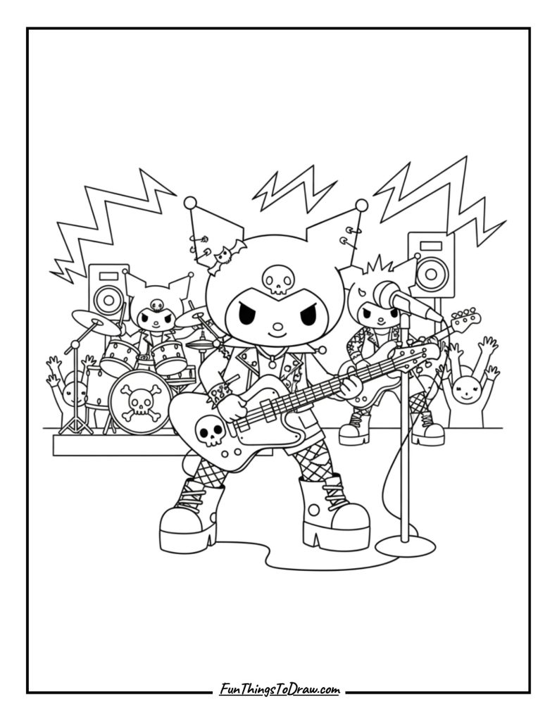 Kuromi playing electric guitar in a punk band