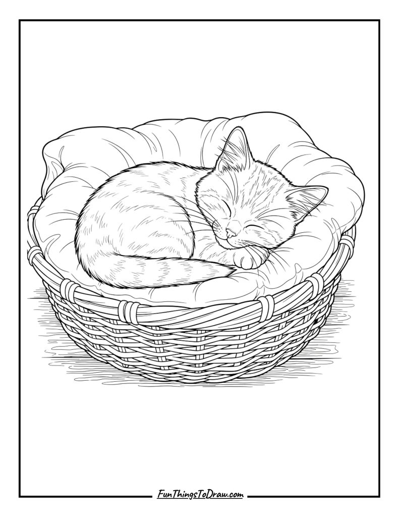 Sleeping kitten curled up in a cozy basket