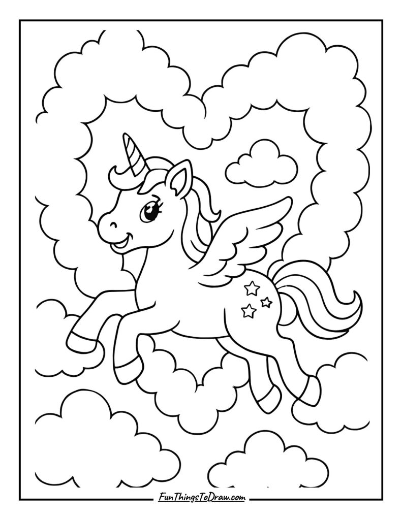 Unicorn flying through a heart-shaped cloud tunnel