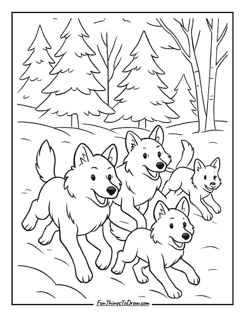 Wolf pack running through snowy forest
