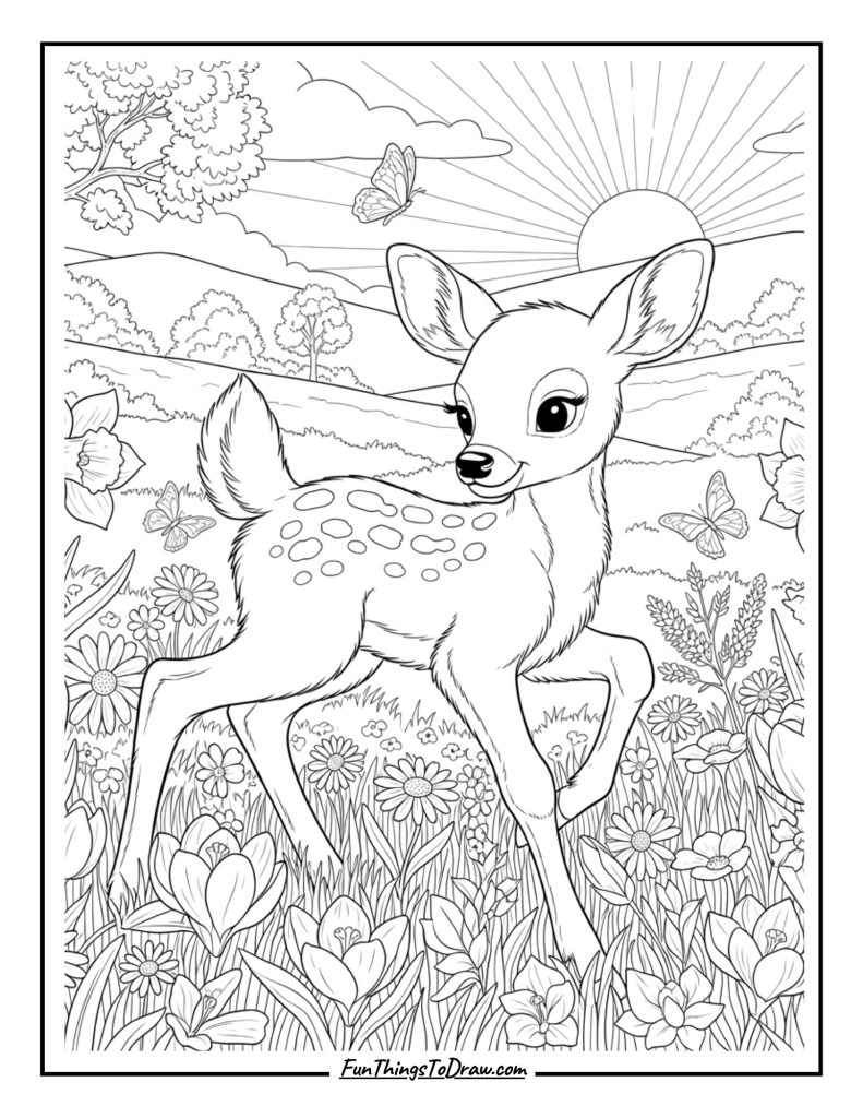 Young fawn plays in a spring meadow