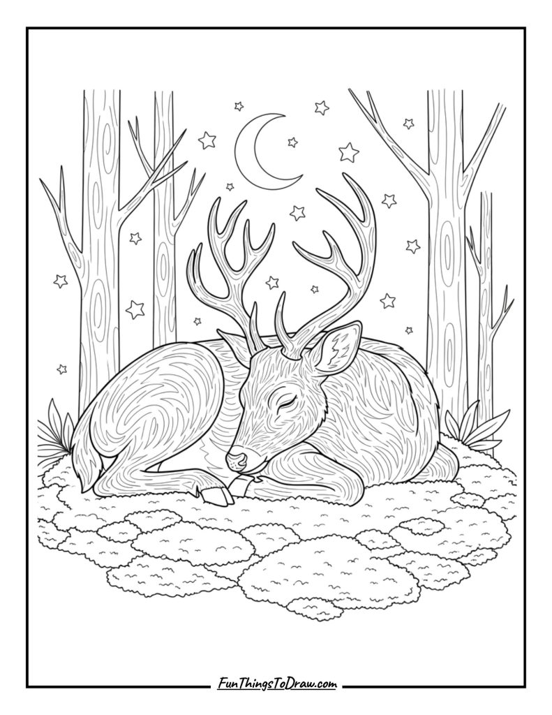 Deer rest on soft moss at night