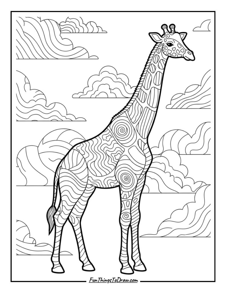 Giraffe with striped pastel patterns and clouds