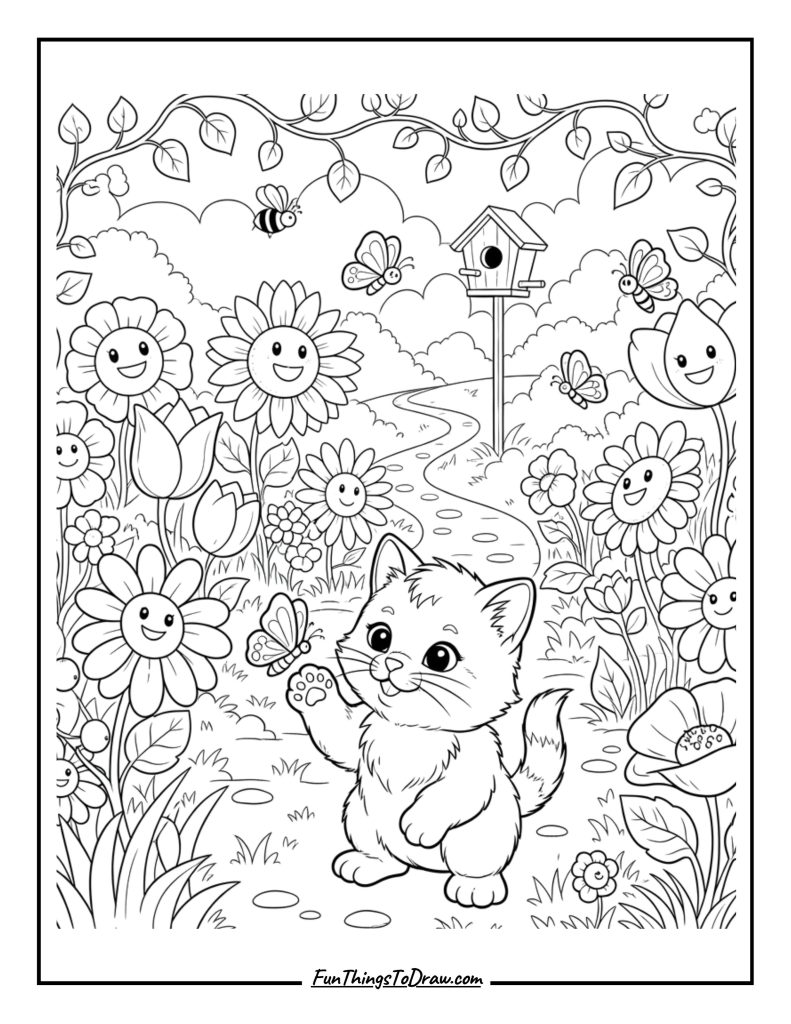 Kitten in a garden with flowers