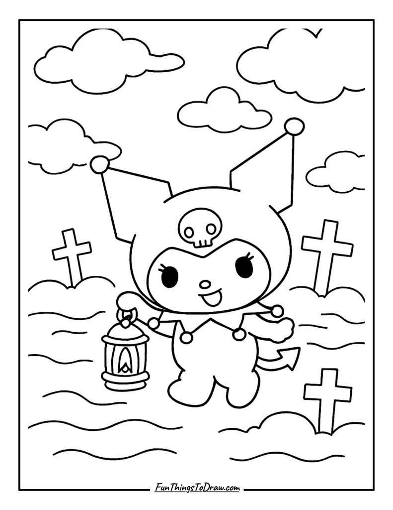 Kuromi holding a lantern in a misty graveyard