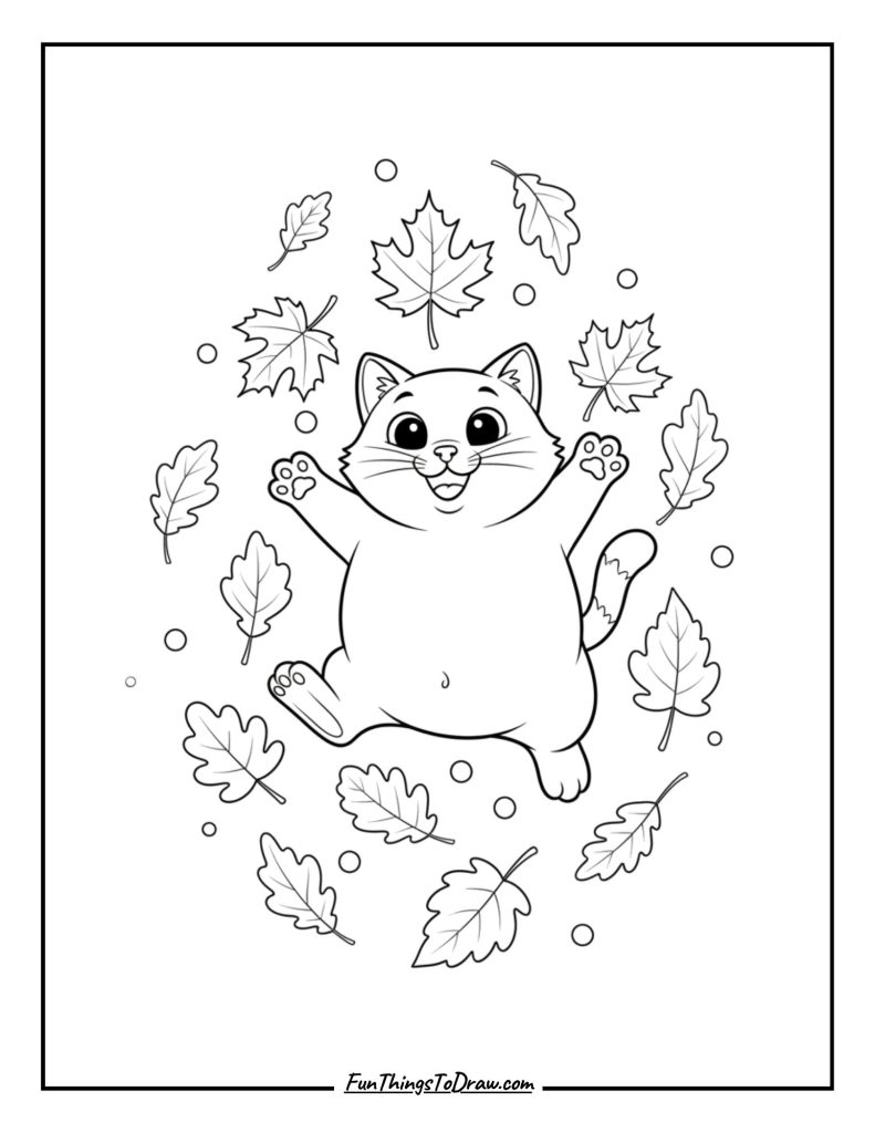 A happy cat playing with falling autumn leaves