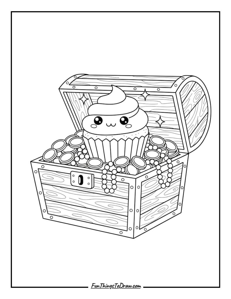 A treasure chest hiding a shiny cupcake among gold coins