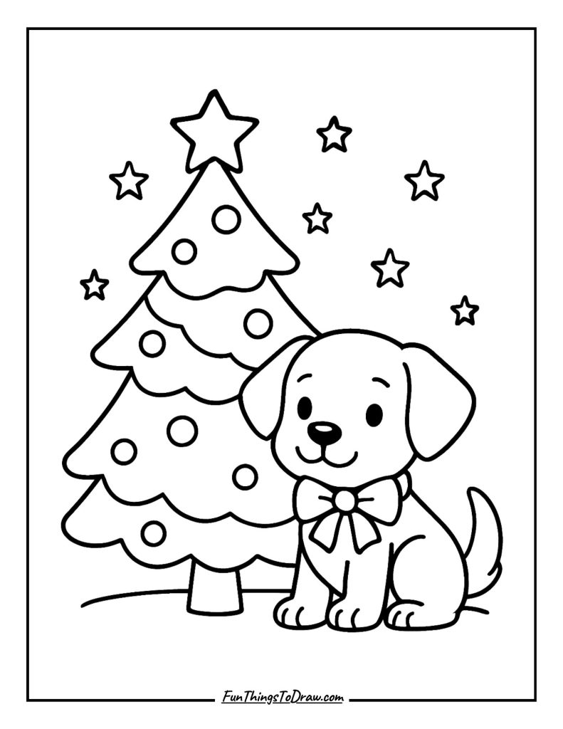Christmas puppy sitting beside a glowing tree