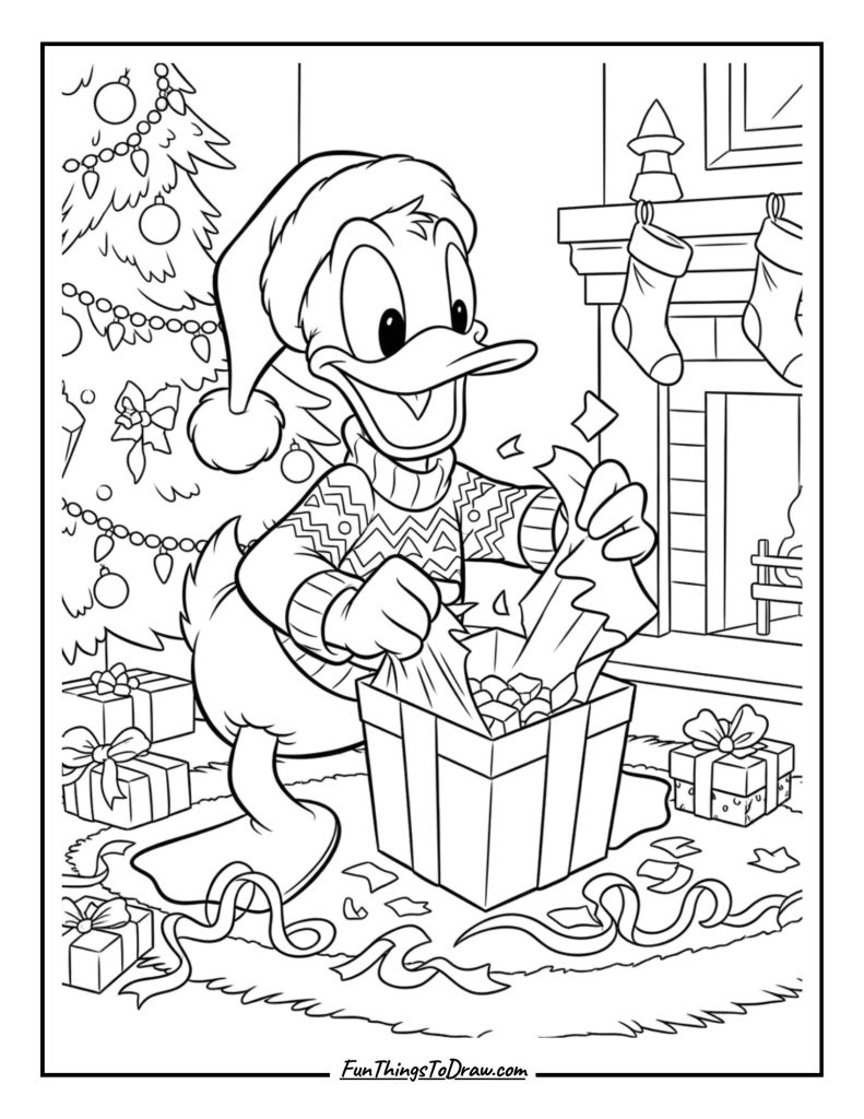 Donald opening Christmas presents