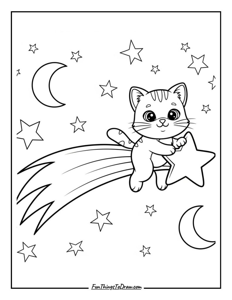 Kitty riding a shooting star across the sky
