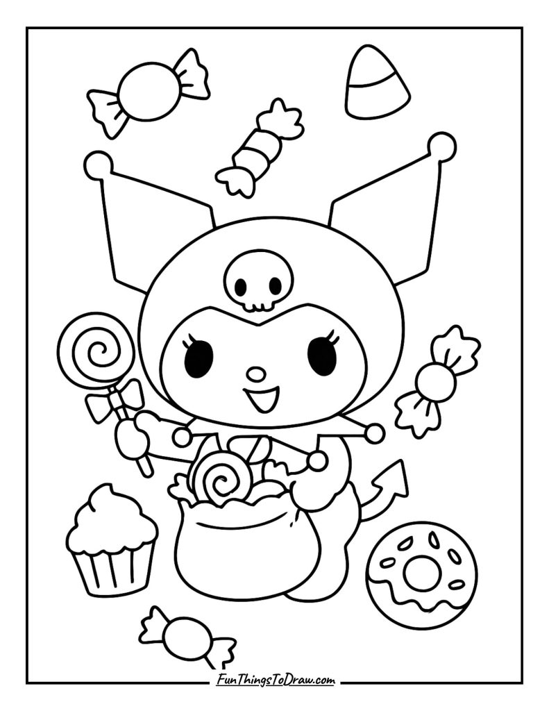 Kuromi with candy and sweets, trick-or-treat style