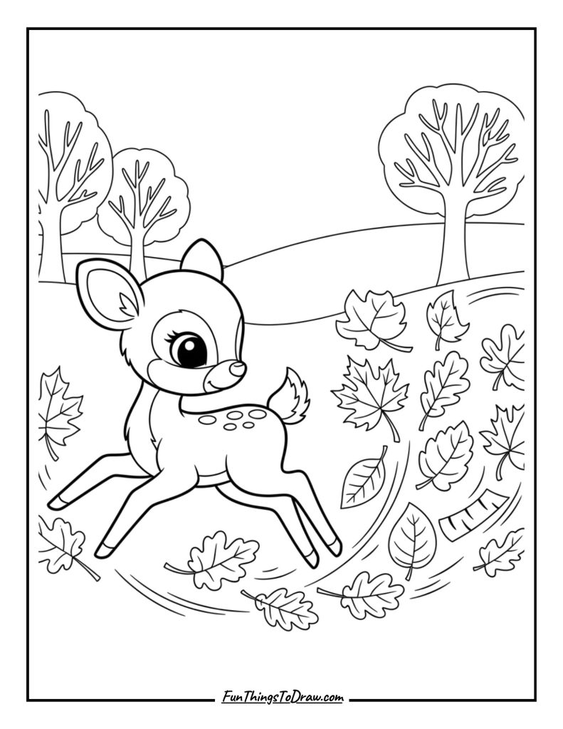 Playful fawn chases autumn leaves