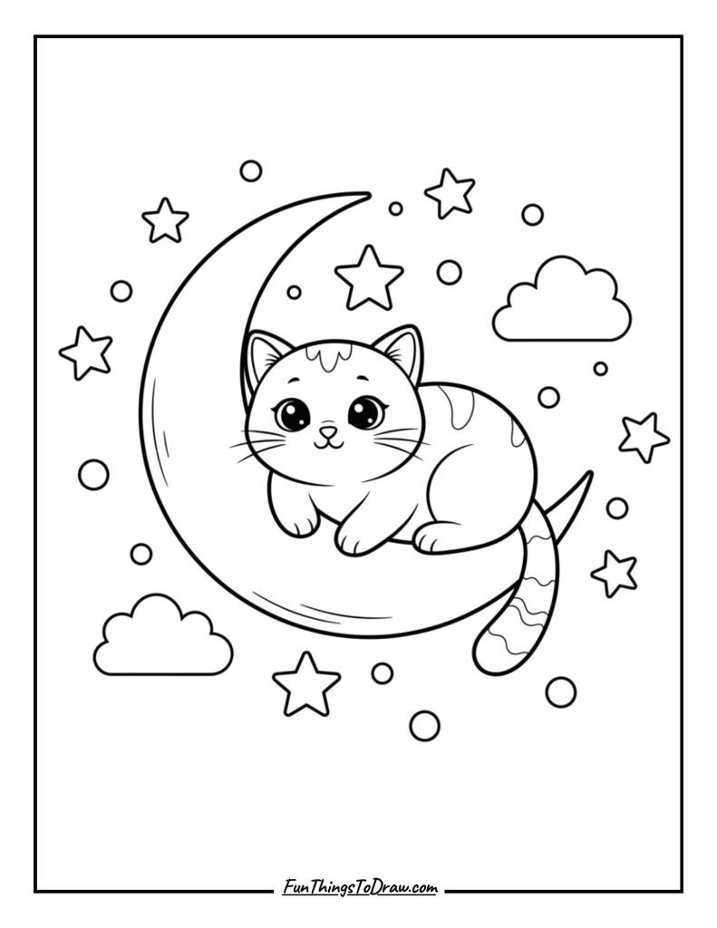 A dreamy cat sitting on a crescent moon