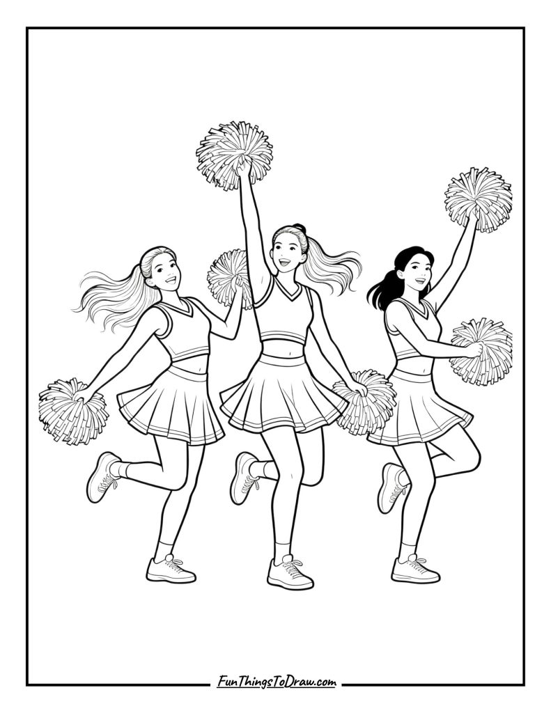 Basketball cheerleaders with pom-poms
