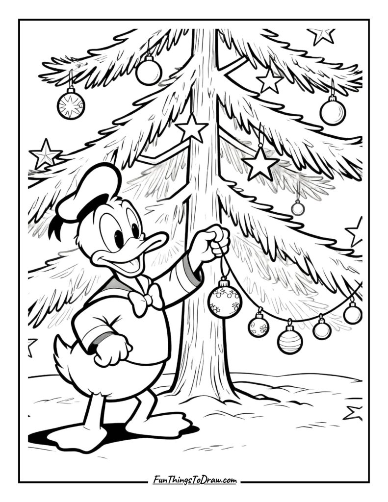 Donald decorating a Christmas tree
