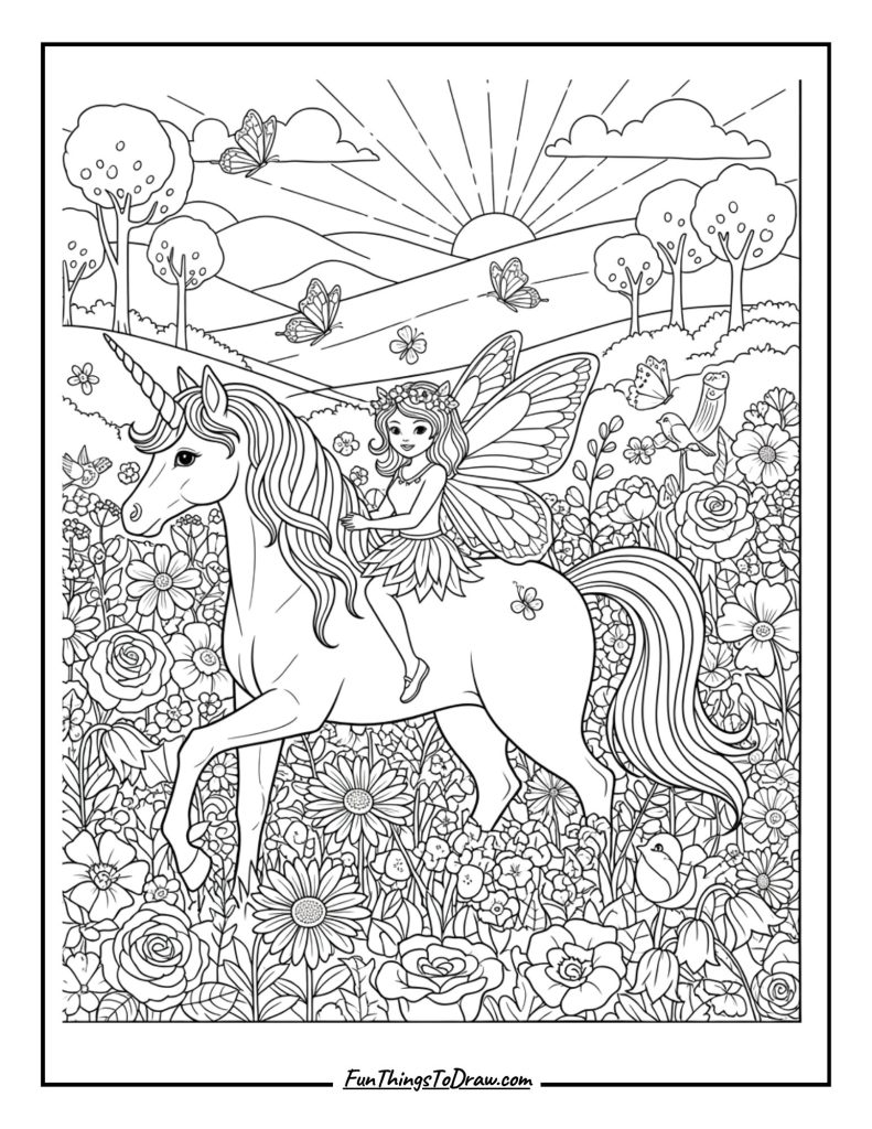Fairy riding a unicorn in a floral field