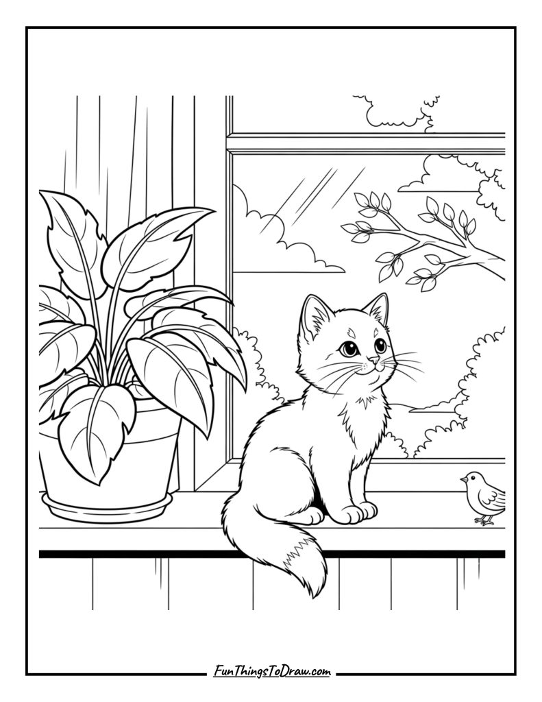 Kitten sitting on a windowsill looking outside