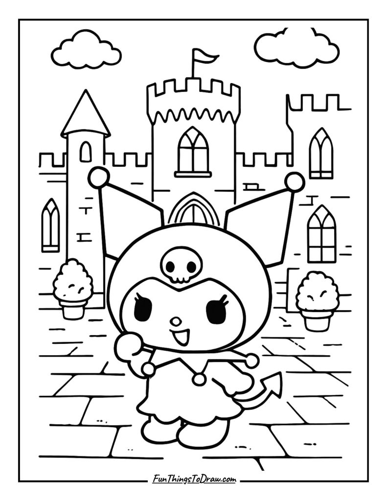Kuromi in a gothic castle courtyard