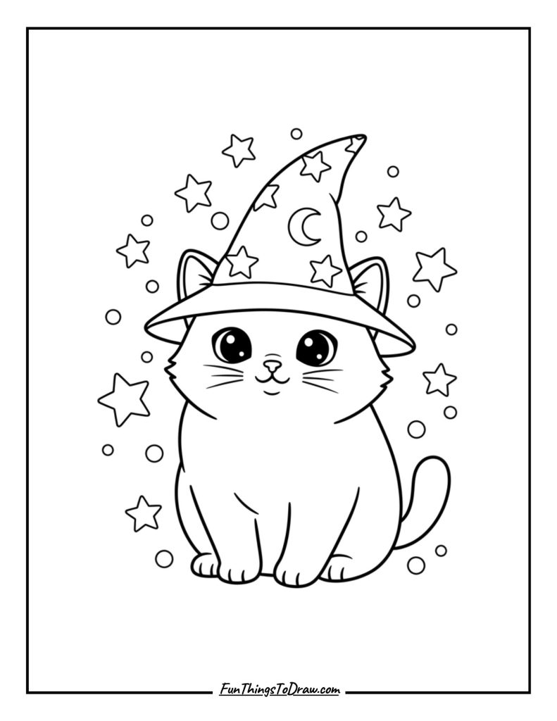 Cat wearing a wizard hat surrounded by stars