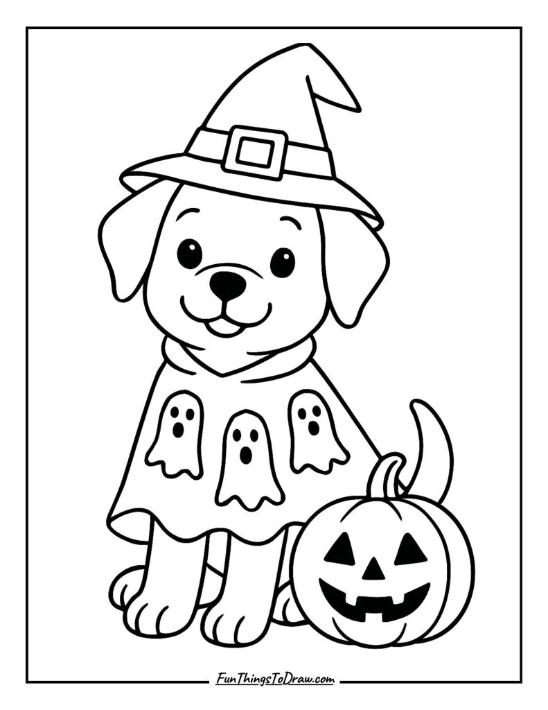 Costumed pup wearing a spooky Halloween outfit