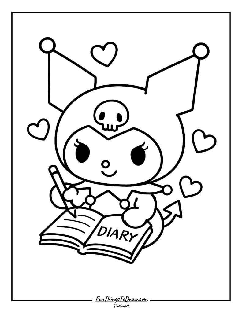 Kuromi writing in a diary surrounded by floating hearts